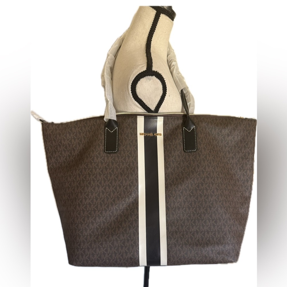 Michael Kors Brown and Black Travel Tote with Racing Stripes